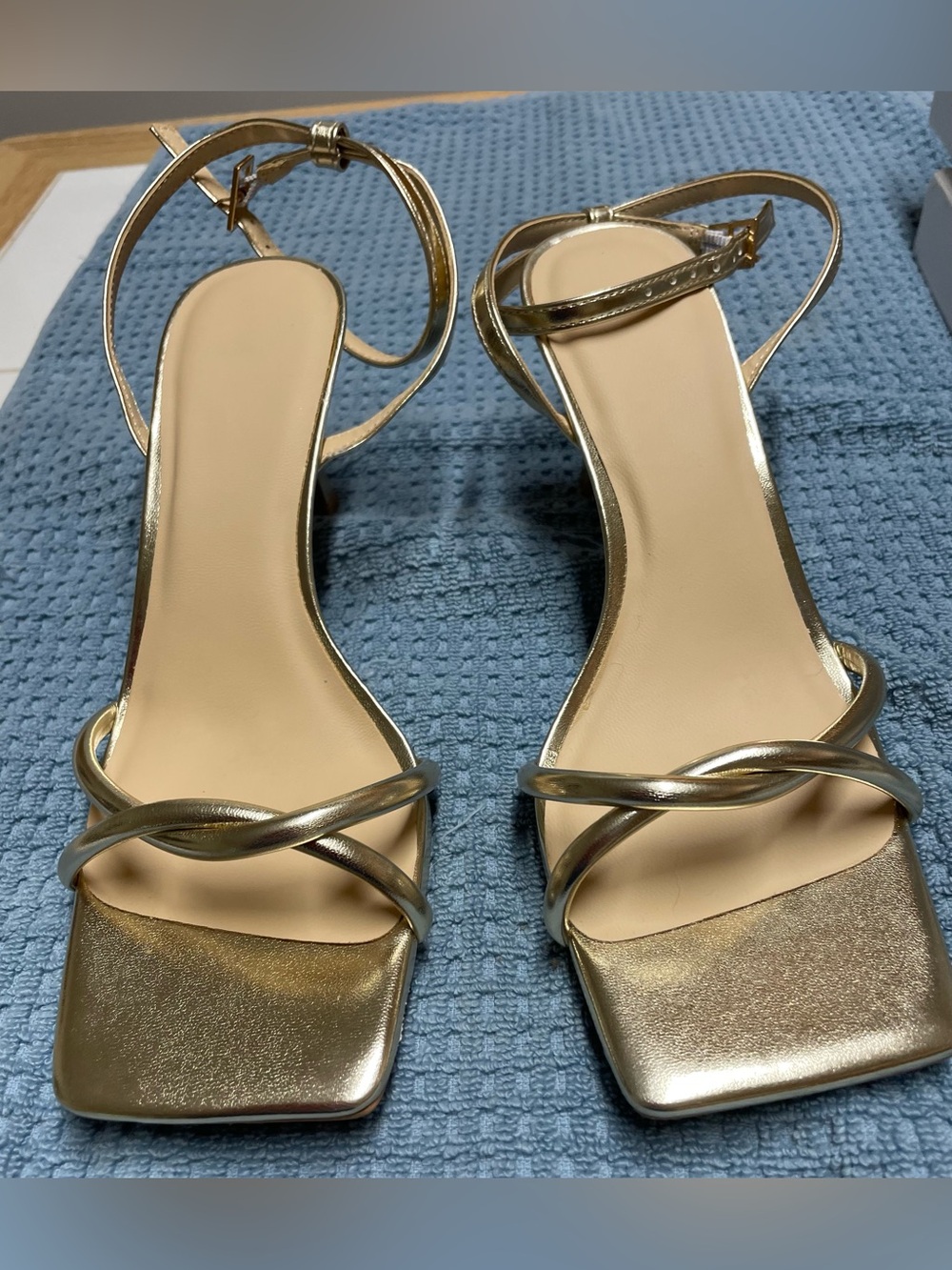 Metallic Gold Strappy Square-Toe Heeled Sandals